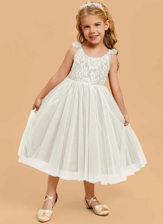 Elegant A-Line Scoop Sleeveless V-Back Midi Flower Girl Dress First Communion Dresses