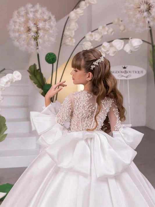 Luxury Ball Gown Illusion Neck Detachable Bow Sleeve Sheer Back Train First Communion Dress