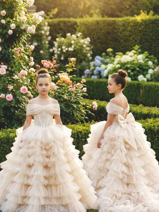 Elegant Ball gown Off the shoulder Short sleeve Lace up Back Train Flower girl Dress