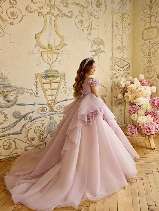 Romantic Ballgown Off Shoulder Short Sleeve Open Back Train Pageant Flower Girl Dress