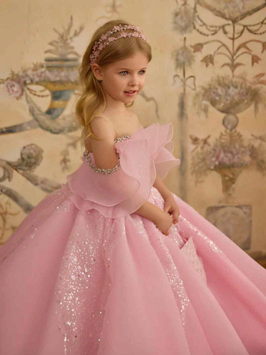 Sparkly Ball Gown Off Shoulder Ruffle Sleeve Open Back Floor?Length Trailing Flower Girl Dress