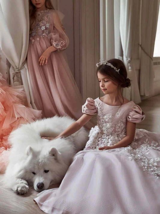 Blush A?Line Round Neck Puff Sleeve V?Back Train Flower Girl Dress