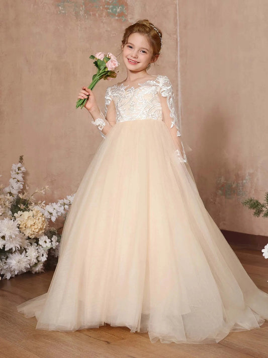Luxury Ball?Gown Illusion?Neck Long?Sleeve Lace?Back Train?Length Flower Girl Dress
