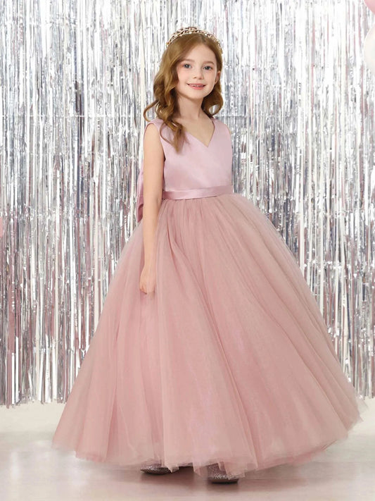 Romantic Ball?Gown V?Neck Sleeveless Bow?Back Floor?Length Junior Bridesmaid Dress