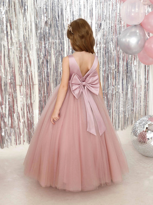 Romantic Ball?Gown V?Neck Sleeveless Bow?Back Floor?Length Junior Bridesmaid Dress