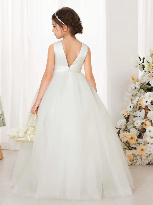 Minimalist Ball?Gown Round?Neck Sleeveless V?Back Floor?Length Flower Girl Dress