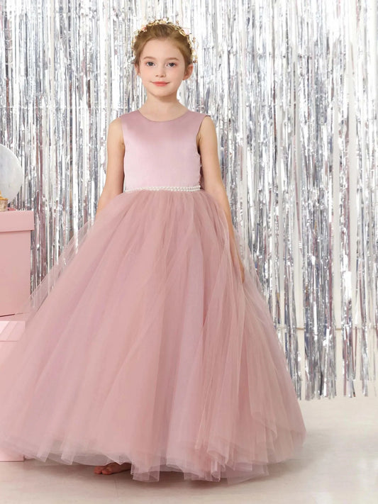 Elegant Ball?Gown Round?Neck Sleeveless V?Back Floor?Length Pearl Waist Flower Girl Dress