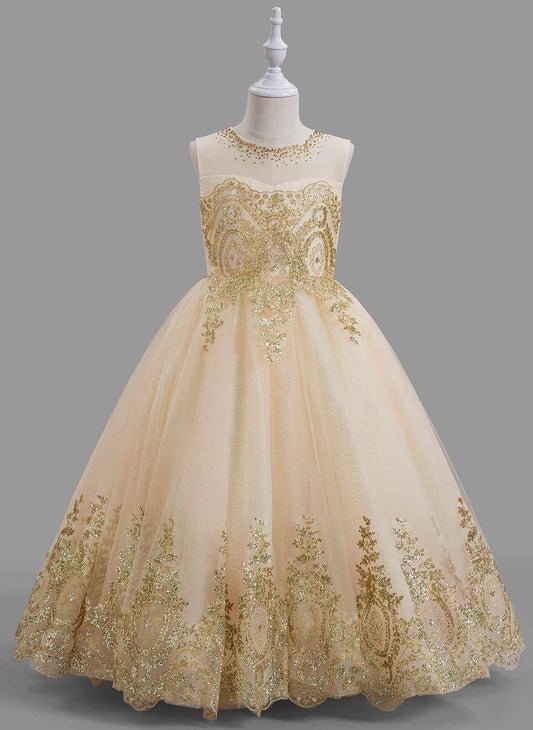 Luxury Ball Gown Illusion Neck Sleeveless Illusion Back Floor?Length Flower Girl Dress
