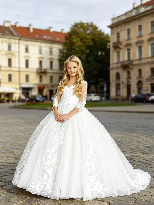 Luxury Ball?Gown Sweetheart Illusion?Sleeve Low?Back Train?Length First Communion Dress