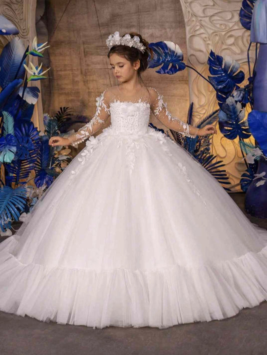 Luxury Ball Gown Illusion Neck Long Sleeve Sheer Back Train First Communion Dress