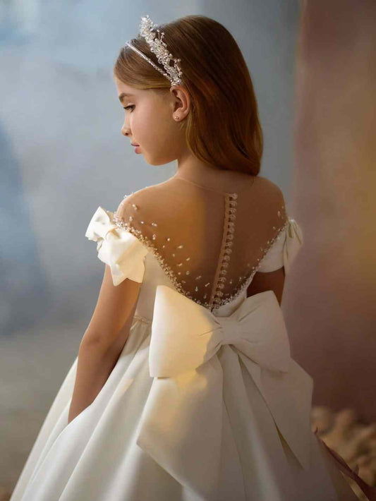 Luxury Ballgown Off Shoulder Bow Sleeve Sheer Beaded Back Train Length Formal Girl Dress