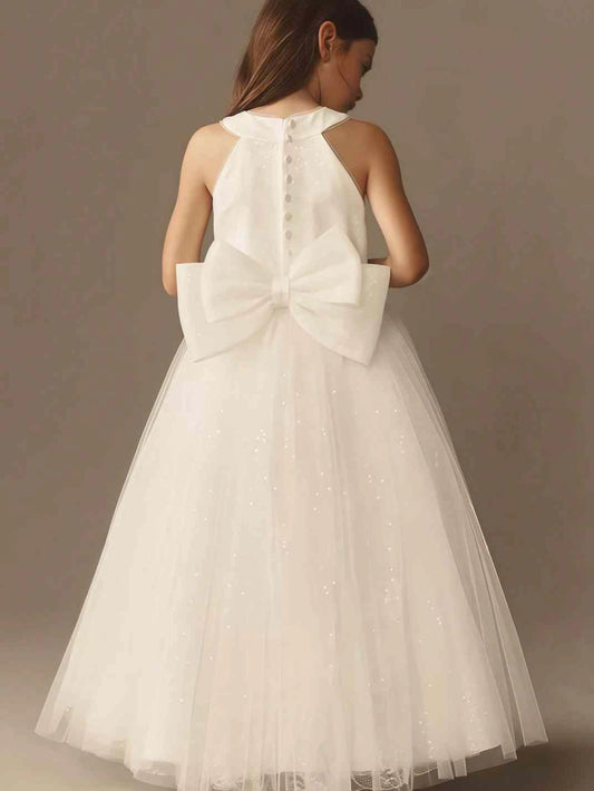 Elegant A Line Round Neck Sleeveless Halter Back Long Flower Girl Dress