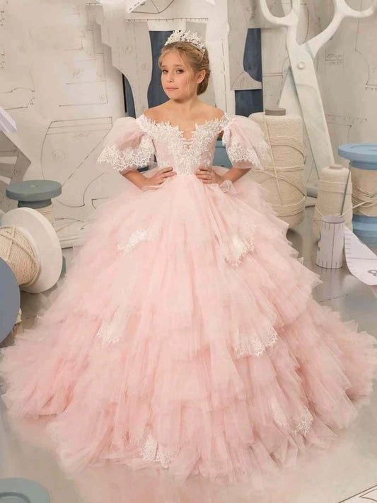 Luxury Ballgown Off Shoulder Puff Sleeve Zipper Back Floor Train Flower Girl Dress