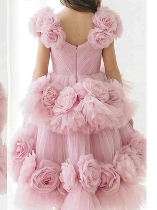 Dusty Pink A-Line V Neck Cap Sleeve Zipper Back Midi Flower Girl Dress