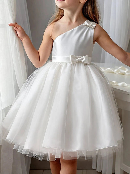 Elegant A?Line One?Shoulder Sleeveless Bow?Back Knee?Length Flower Girl dress