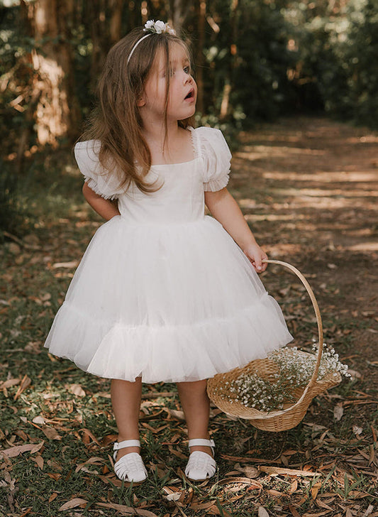 Elegant A?Line Square Neck Puff Sleeve Bow Back Knee?Length Flower Girl dress