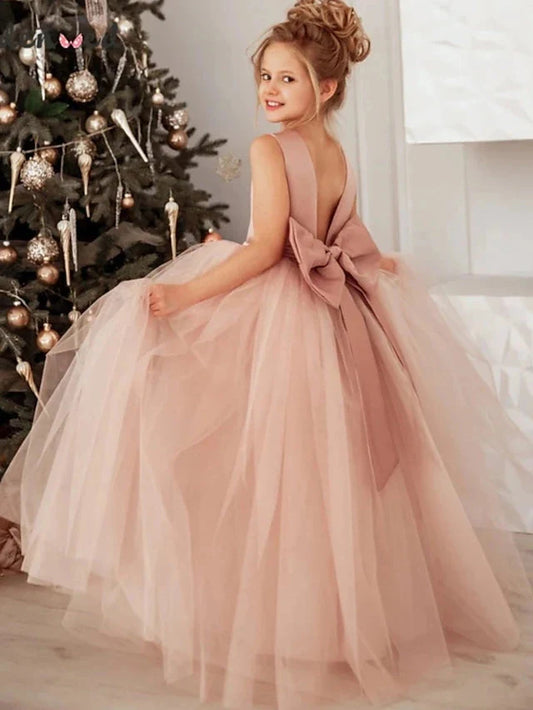 Elegant Dusty Rose Flower Girl Dress with Pearl Belt & Big Back Bow
