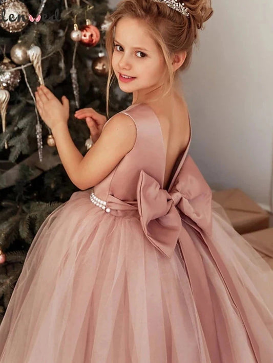 Elegant Dusty Rose Flower Girl Dress with Pearl Belt & Big Back Bow