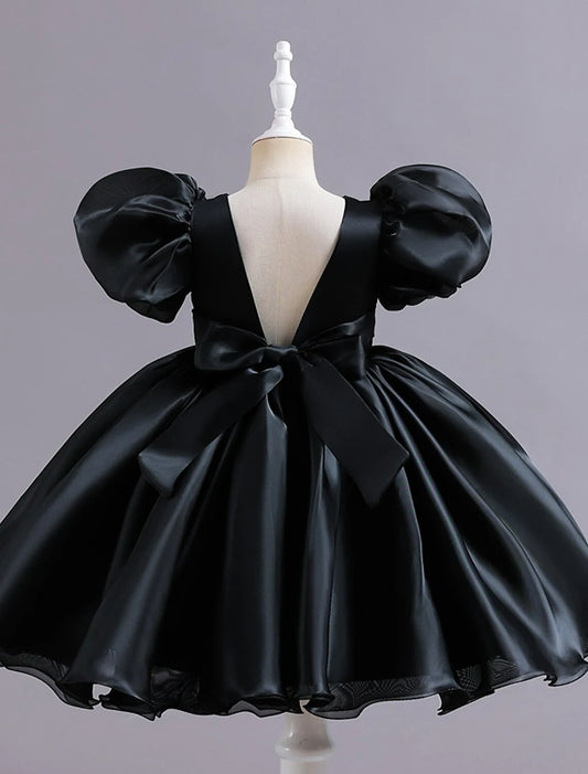 Elegant Puff Sleeve A-Line Flower Girl Dress with Back Bow