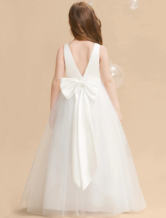 Elegant Sleeveless V-Neck Tulle Flower Girl Dress with Big Back Bow