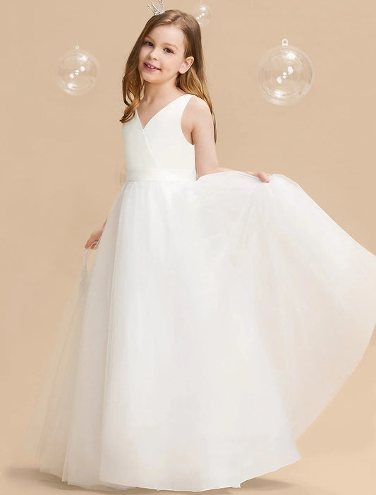 Elegant Sleeveless V-Neck Tulle Flower Girl Dress with Big Back Bow