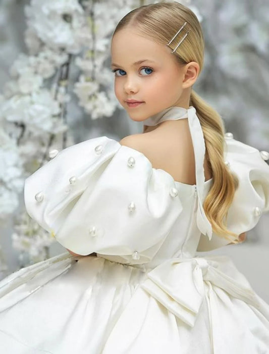 Elegant White Satin Flower Girl Dress with Pearl Puffy Sleeves & Bow Back