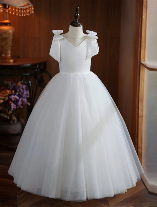 Elegant White Tulle & Satin First Communion Dress with Bow Shoulders