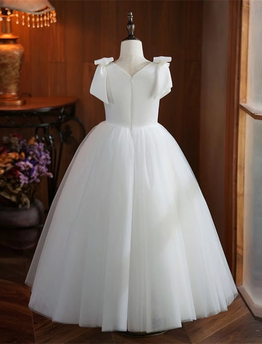 Elegant White Tulle & Satin First Communion Dress with Bow Shoulders