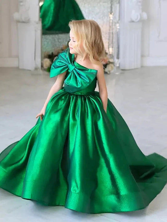 Emerald Green One-Shoulder Bow Flower Girl Ball Gown Dress