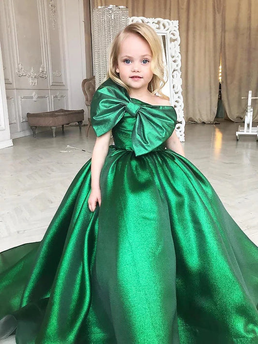 Emerald Green One-Shoulder Bow Flower Girl Ball Gown Dress
