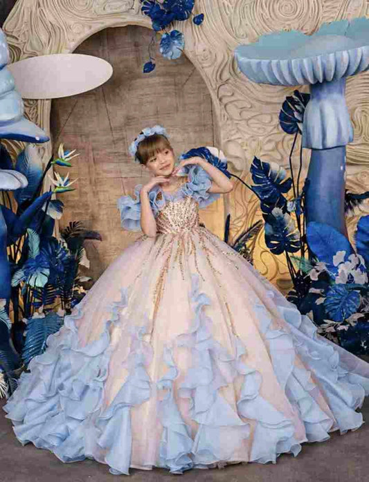Luxury Ball Gown Off Shoulder Puff Sleeve Open Back Train Pageant Dress
