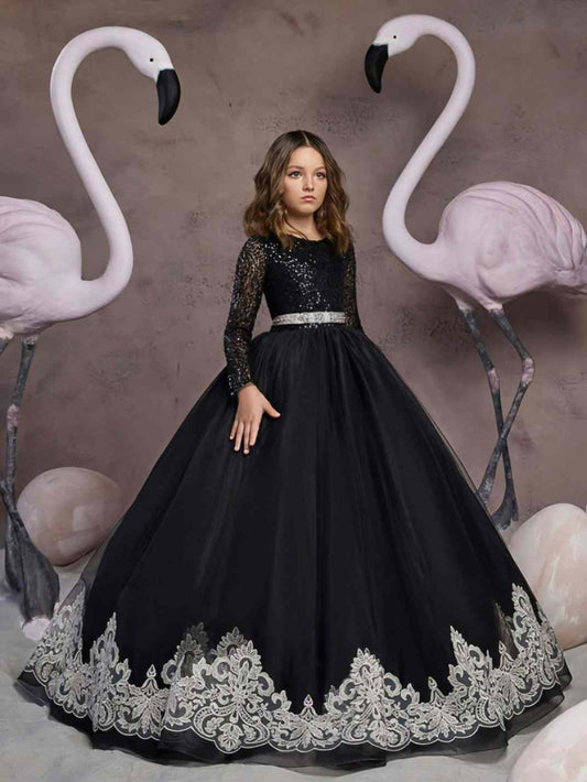 Luxury Ball Gown Round Neck Long Sleeve Sequin Back Bow Floor Length Girl Formal Dress
