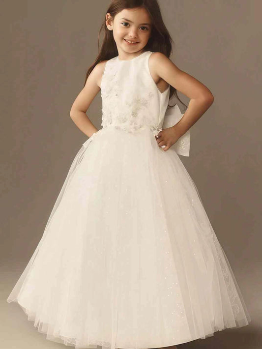Elegant A Line Round Neck Sleeveless Halter Back Long Flower Girl Dress