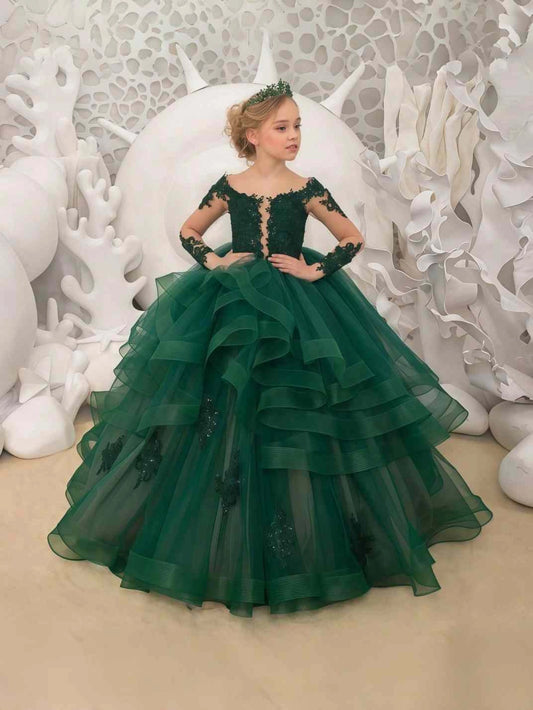 Luxury Ball Gown Off?the?Shoulder Long Sleeve Lace Corset Back Train Length Flower Girl Dress