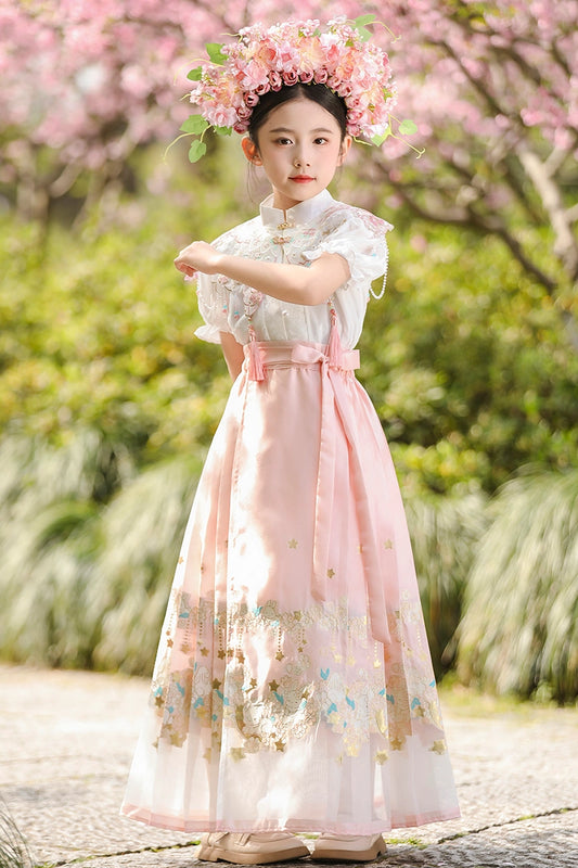 Elegant A Line Mandarin Collar Ruffle Sleeve Closed Back Maxi Girls Dress