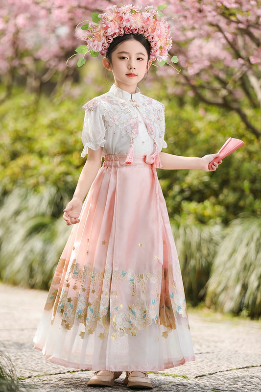 Elegant A Line Mandarin Collar Ruffle Sleeve Closed Back Maxi Girls Dress