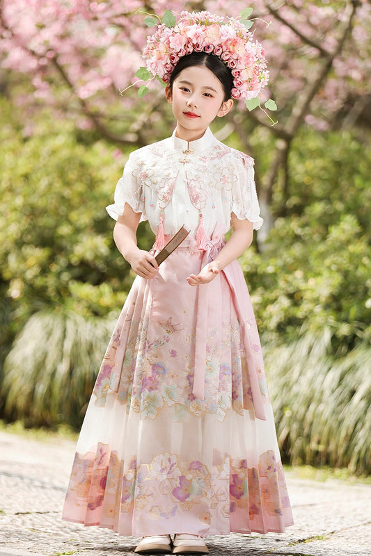 Elegant A Line Mandarin Collar Short Sleeve Closed Back Maxi Chinese Girls Dress