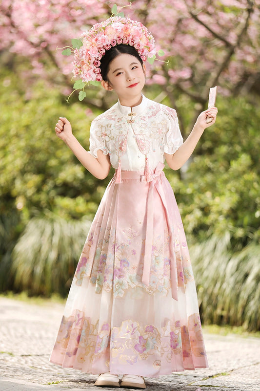 Elegant A Line Mandarin Collar Short Sleeve Closed Back Maxi Chinese Girls Dress