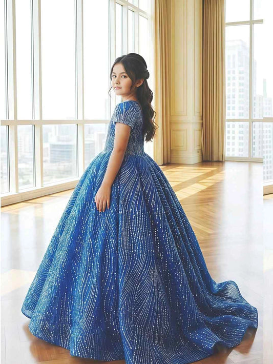 Luxury Sparkly Ball Gown Round Neck Puff Short Sleeve Zipper Back Floor Train Flower Girl Pageant Dress
