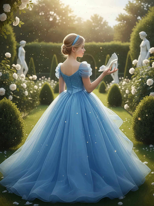 Sparkly Ball?Gown Sweetheart Puff?Sleeve V?Back Floor?Length Girl Dress For Party