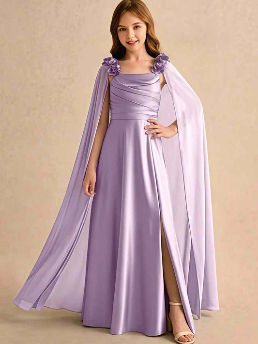 Elegant A?Line Square Neck Cape Sleeve V?Back Floor?Length Junior Bridesmaid Dress