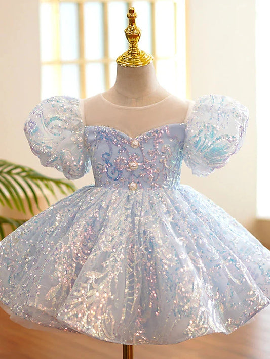 Iridescent Sequin Puffy Sleeve Knee Length Flower Girl Dress