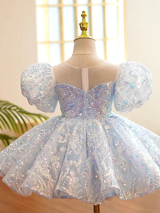 Iridescent Sequin Puffy Sleeve Knee Length Flower Girl Dress