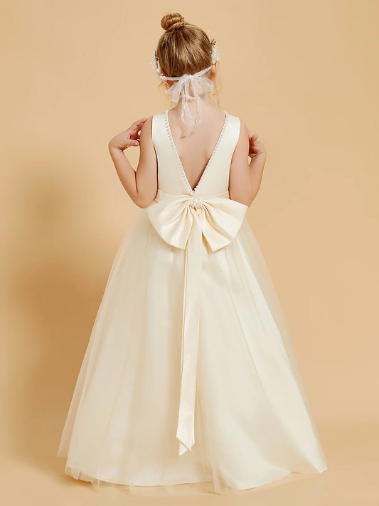Refined A-Line Round-Neck Sleeveless V-Back Floor-Length Pearl-Trimmed Tulle Flower Girl Dresses