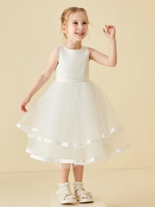 Heowos ivory tea-length flower girl dress with a round neckline, sleeveless satin bodice and ribbon-edged tiered skirt.