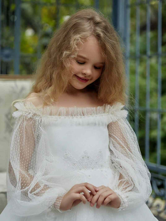 White Ballgown Off Shoulder Sheer Long Sleeve Open Back Floor Length Train Flower Girl Dress