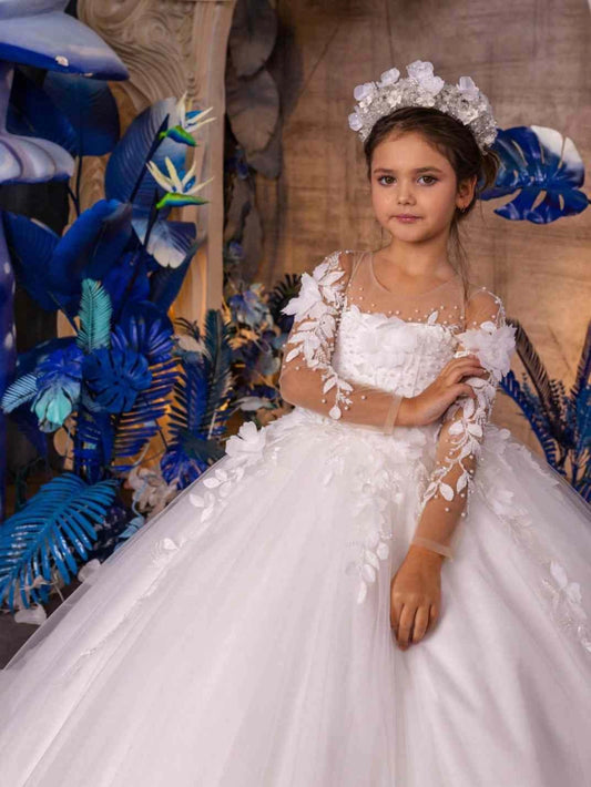 Luxury Ball Gown Illusion Neck Long Sleeve Sheer Back Train First Communion Dress