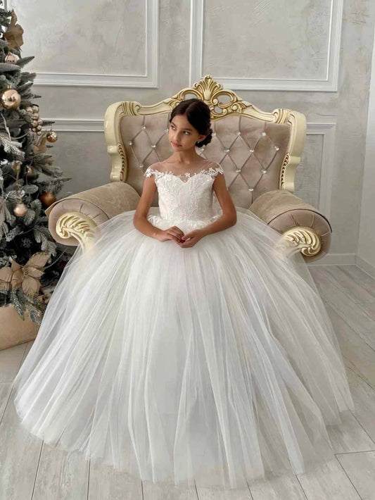 Elegant Ball Gown Illusion Neck Cap Sleeve Deep V?Back Floor?Length First Communion Dress