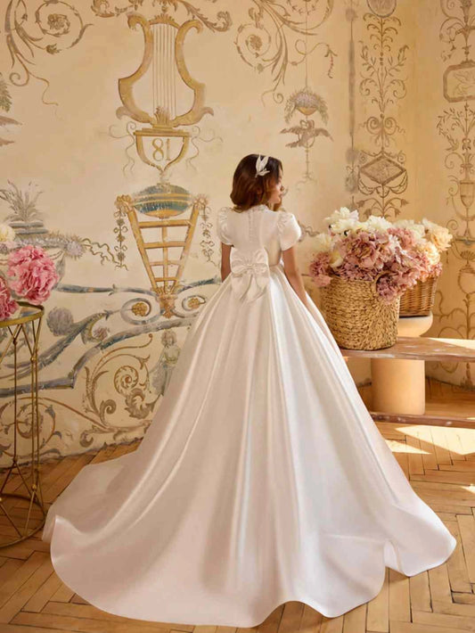 Elegant Ball Gown High Neck Short Puff Sleeve Bow Back Train Length First Communion Dress