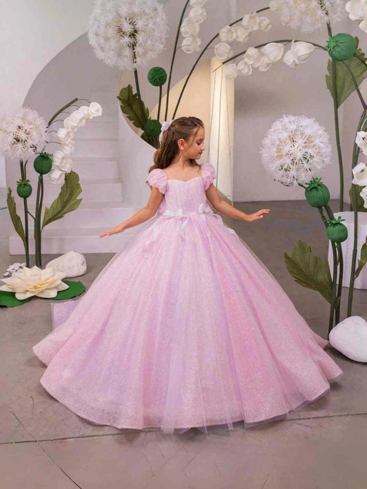 Sparkly Ball?Gown Sweetheart Neck Puff Sleeve Sheer Back Train Length Flower Girl Dress